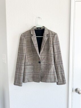 Express Brown Plaid Single Button Tailored Blazer Jacket Size 8